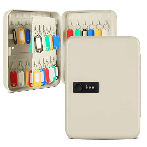 Qulable Combination Key Safe - Wall Mounted 48-Key Steel Cabinet - Lock Box Outdoor With Code & 50 Tags - Large Keysafe (White)