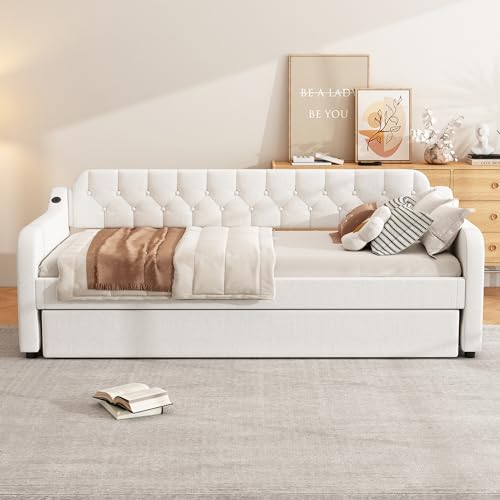 Idemon Divano letto 90 x 200 cm, con porta USB e letto apribile (beige)