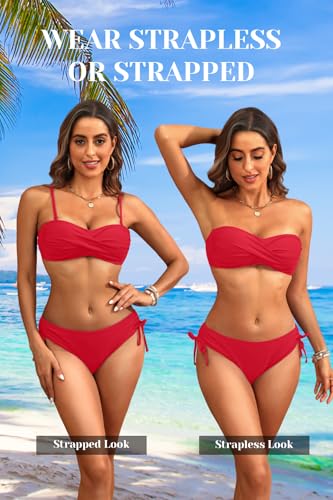 Image of Women's Strapless Bandeau Bikini Set - Twist Front Two Piece Swimsuit Top with Side Tie Bathing Suit Bottom