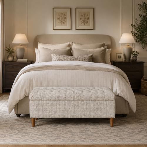 Image of HomePop 40 inch Ainsley Button Tufted Storage Bench - Cream Textural Woven