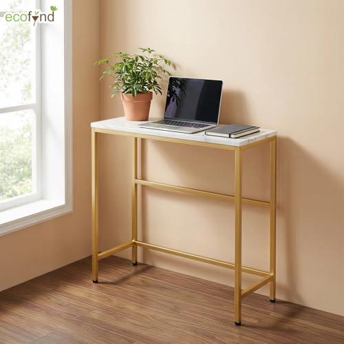 Image of ecofynd 27 Inch Console Table, Metal with Engineered Wooden top for Long Narrow Hallway, Entryway, Living Room, Dining Room, Office, Home Side Table Storage Shelf (WHTGO, CT004)