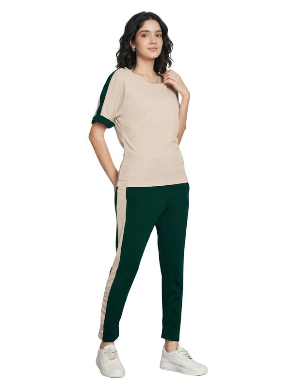 DTR FASHION Women’s Beige Cotton Blend Black Color Shoulder Stripes Tracksuit | Co-ord Set| Active Wear Set| Ideal for Sports, Gym & Casual Outfits (TSSET1485, L)