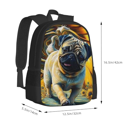 Large Capacity Painting of Pug with Yellow Sunflower Backpack Large Multipurpose Bag Double Zipper Backpack Unisex 17 Inch3