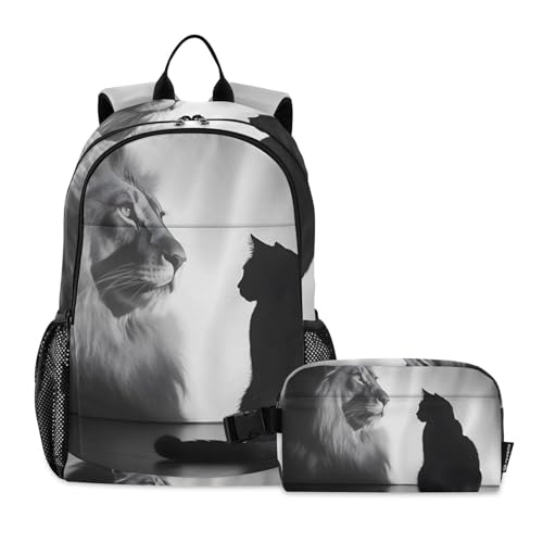 Cat and Lion Backpack Lunch Bag Set for Travel Hiking Picnic, Backpacks with Insulated Lunch Box