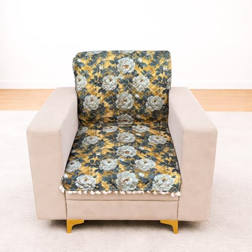 Image of Homerz Premium Printed Quilted Velvet Sofa Slip Cover Protector with Tassels, Sofa Mat, Exact Size, Antislip Cover (Antique Garden, 1 Seater, Full)