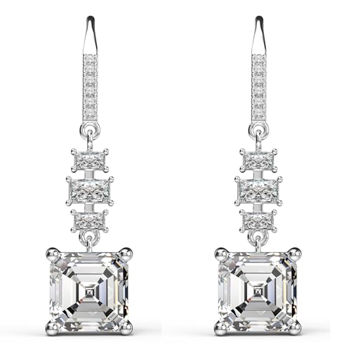 18K White Gold Plated Sterling Silver Asscher Cut Cubic Zirconia Dangle Earrings for Women Square CZ Diamond Drop Dangling Earrings for Women Mom2