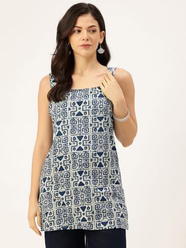Image of feranoid Women's Printed Sleeveless Short Kurti with Stylish Neck, Backless Design & Side Slits (XS-XL)