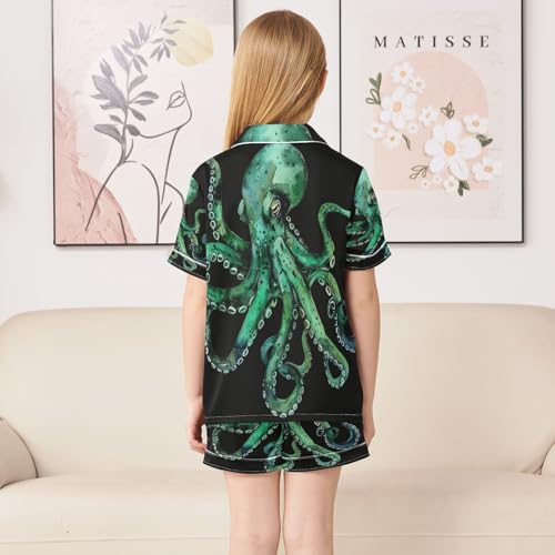 ALAZA Watercolor Green Octopus Black Satin Pajamas Set Short Sleeve Button Down Sleepwear Summer Pjs 2 Piece4