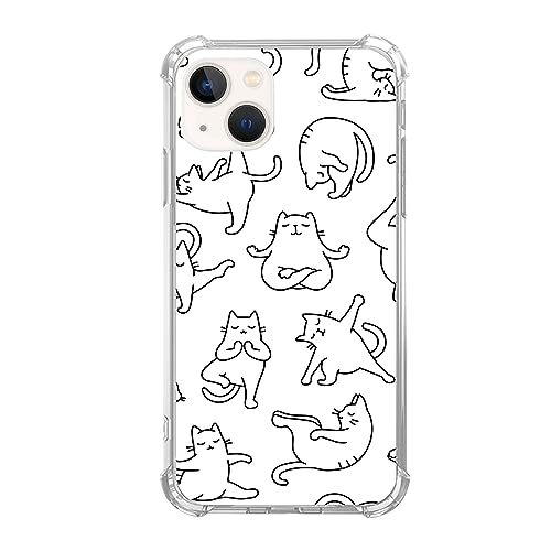 Yawheg Custodia per telefono con gatti yoga carina compatibile con iPhone 13, Line Art Cute Animal Pet Cover per adolescenti, donne uomini, custodia sottile in gomma TPU morbida flessibile per iPhone