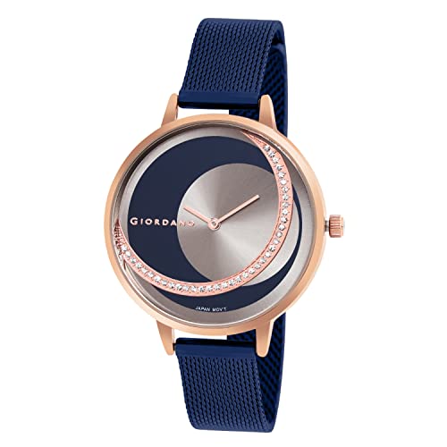 Image of Giordano Black Analogue Watch for Women with Rose Gold Case and Black Stylish Mesh Band Ladies Wrist Watch with Studds on Dial to Complement Your Party Look, Gift for Women