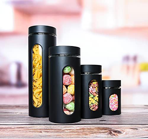 Quality Modern Black Stainless Steel Canister Set For Kitchen Counter With Glass Window & Airtight Lid - Food Storage Containers With Lids Airtight - Pantry Storage And Organization Set #TOP5