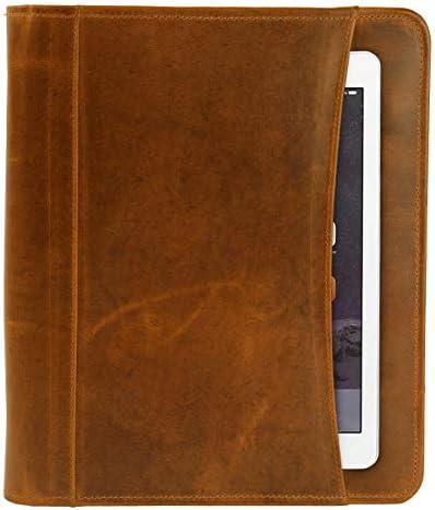 Top Grain Leather Portfolio A4 Business Padfolio iPad Document Organiser with Writing Case Professional Travel Zipped Conference Folder Gift for Men Women (Brown)