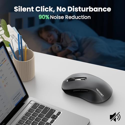 Image of TECKNET Rechargeable Bluetooth Mouse, [ USB + BT5.0 + BT3.0 ] Wireless Mouse, Ergonomic Design, Silent Click, 6-Level 4800 DPI Wireless Mice, 3-Device Switching for Laptop, Computer, MacBook（Grey）