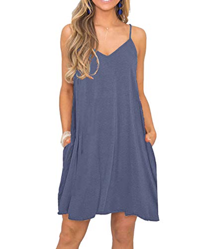 Image of Women's Summer Spaghetti Strap Casual Swing Tank Beach Cover Up Dress with Pockets