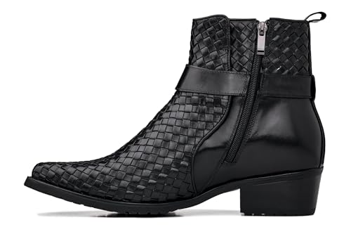 CALTO Men's Invisible Height Increasing Elevator Shoes - Black Premium Leather Woven Ankle Buckle Zipper Boots - 3.3 Inches Taller - K30523 - Size 12 D(M) US3