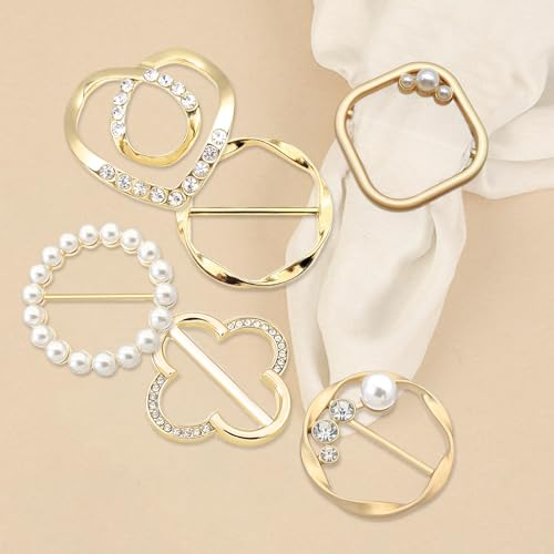 Image of 6 Pcs Silk Scarf Ring Shirt Clips,T-shirt Ties Clips Clothes Corner Knotted Button Belt Buckle For Lady Girls Women with Pearl Rhinestone