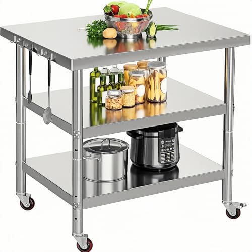 Stainless Steel Table with Wheels for Food Preparation and Work, Multi-Size Optional, Three-Layer Variable Two-Layer Metal Commercial Workbench Outdoor, Restaurant, Kitchen(28