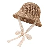 JANGANNSA Baby Girl Straw Hat Outdoor Baby Sun Protection Hats Summer Bowknot Beach Cap for Infant Toddler Girls(Lace Tie-Khaki,6-24 Months)