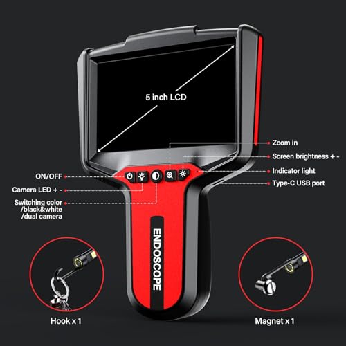 Image of Endoscope Camera with Light: 5 inch 1080P HD Dual-Lens Inspection Borescope Camera for Sewer - 16.4ft Waterproof Industrial Endoscope - Flexible Snake Bore Scope for Plumbing Automotive