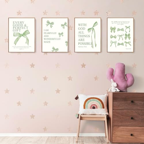 Image of LARTSFRO Coquette Sage Green Bow Wall Art Decor Posters, Sage Green Bow Room Bedroom Bathroom Wall Art Decor Aesthetic for Teen Girls Gifts, Inspirational Bible Verses Bow Wall Decor, 12x16 Inch Set of 4 Bow Pictures Unframed