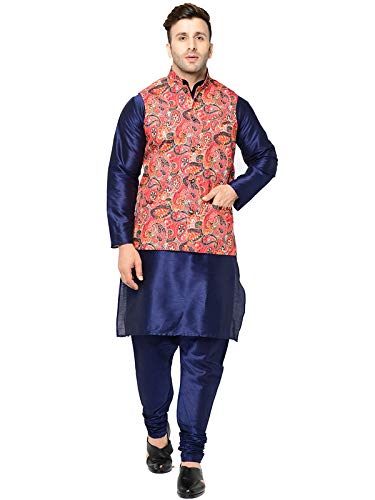 Image of SAIFOO Men's Silk Navy Blue Kurta Pyjama & Printed Nehru Jacket