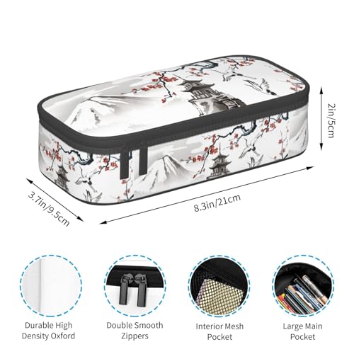 Image of Japanese Cherry Blossom And Fujiyama Ink Painting Large Pencil Case, Pencil Pouch With Zipper Compartments Stationery Pencil Bag For Kids Teens Students School Supplies