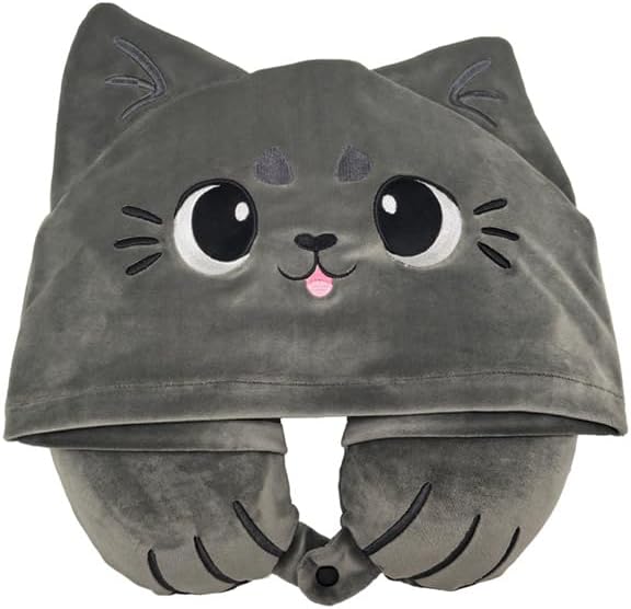 Puckator Hoodeazzz Beans & Co Pepper the Cat Plush Memory Foam Travel Pillow and Hood Airplane Neck Pillow for Travel Kids Neck Pillows for Sleeping
