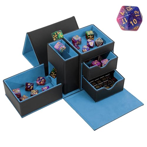 Dice Tray & Dice Tower Storage Box 3 in 1 Dice Holder Case (Dice Rolling Tray Dice Rolling Tower Dice Storage Drawers) Leather Magnetic Closure DND Accessories Gifts for RPG MTG Black/Blue