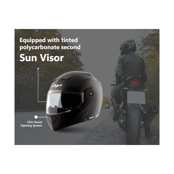 Vega Crux Dual Visor Flip Up Motorcycle Helmet with Lightweight Shell, Flip-Up Chin Guard, Dual Visor System, Shock Absorbing Interior, Ventilated Fit, and Trendy Black Finish Black -L