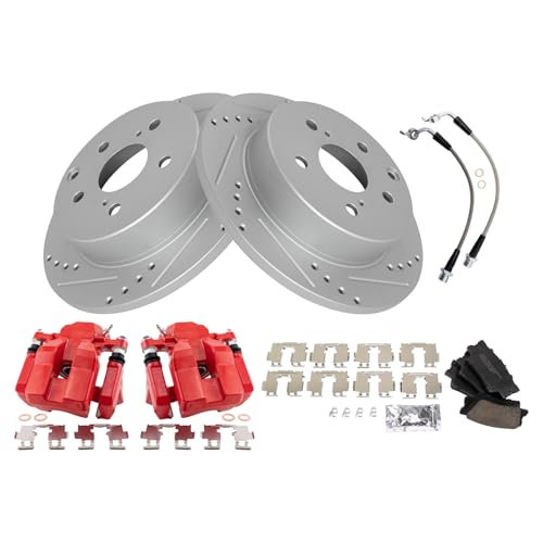 Image of TRQ Performance Rear Brake Pad and Rotor Set Ceramic Slotted Drilled Coated