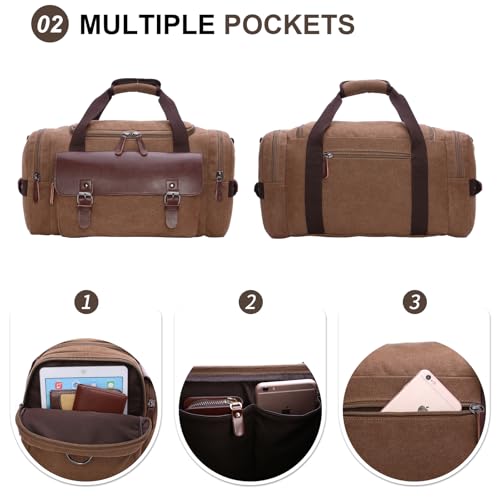 Tote Vintage Canvas Duffle Bag, 35L Stylish Vintage Canvas Travel Duffel Backpack Multifunctional Overnight Weekender Overnight Travel Bag (Coffee)4