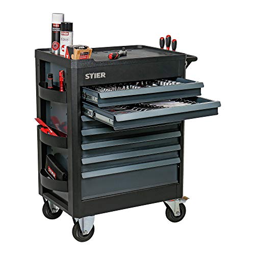STIER Werkstattwagen Premium, leer und unbestückt, mit Kunststoffabdeckung, Schubladen mit Soft Close Funktion, 6 Hängefächer, Gummi-Rollen mit Bremsen, Zentralverriegelung, Montagewagen, max. 500kg – Bild 6