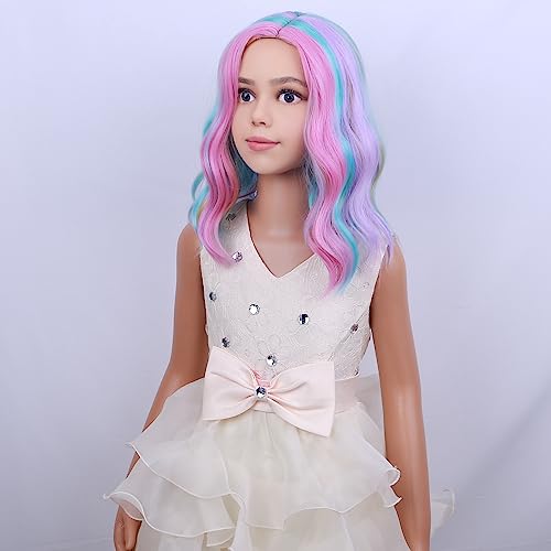 Image of PATTNIUM Kids Child Rainbow Wig Short Wavy Colorful Wig Multicolor Wigs Girls Synthetic Cosplay Halloween Party Costume Wigs