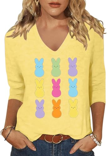 Image of Woffccrd Womens 3 /4 Sleeve V Neck T-Shirts Valentina's Day Spring Shirts Love Heart Printed Graphic Tees