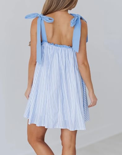 Image of Women Floral Tie Shoulder Mini Dress Cute Square Neck Loose Fit Beach Short Dress Backless Boho Vocation Sundress