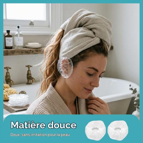 Ermenlifiqq 200 pièces Protège-oreilles jetables imperméables, couvre-oreilles transparents en plastique avec bande élastique, usage unique douche/bain, coloration, salon, hôtel, voyage – vue 4