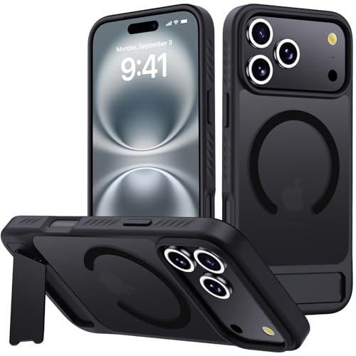 Aunote 対応 iPhone17pro ケース MagSafe対応 45°隠しキックスタンド 軍規防? 耐衝撃 対応 いphone17pro ケース カバー 半透明のマット背面 スマホケース ブラック