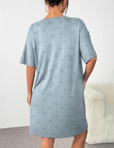 Image of Ekouaer Sleep Shirts for Women Nightgown Short Sleeves T shirt Night Dress Round Neck Womans Nightgown with Pocket S-XXL