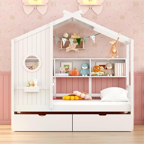 Image of Modern Twin Size House Bed with Roof and Window, Wooden Daybed Frame with Shelves and 2 Drawers,Bedroom Furniture for Girls & Boys (White+2 Drawers /)
