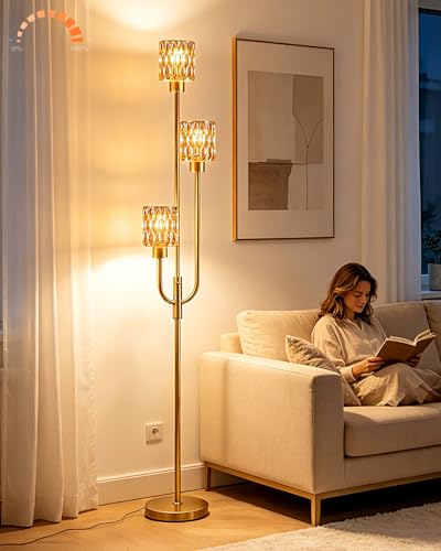 Image of 66IN Glass Floor Lamp 3-Lights Modern Gold Dimmable Floor Lamps with 3000K Warm White Bulbs for Wedding Party Tall Standing Lamp with Amber Glass Shade for Living Room /Bedroom /Home Decor