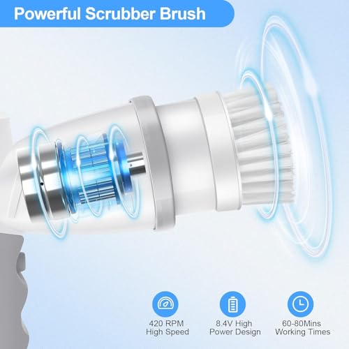 Image of Electric Spin Scrubber, Shower Scrubber with Handle, Waterproof Portable Bathroom Cleaner Brush, Cordless Electric Cleaning Brush with 5 Replaceable Brush Heads for Floor Tile Tub Wall Window Kitchen