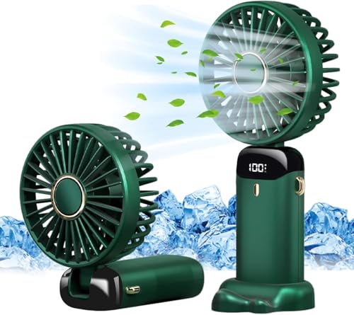 Jsdoin Ventilador de mano portátil, 5 velocidades recargable por USB,funciona con pilas, ventilador plegable de escritorio con pantalla LED para el hogar,oficina,dormitorio,viajes al aire (Verde)