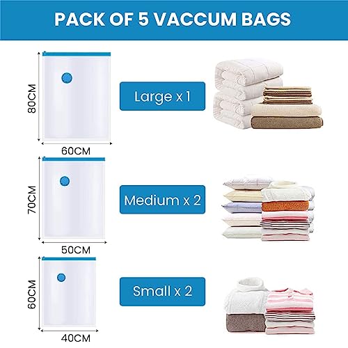 Image of 5 Jumbo Vacuum Bags For Travel, Spacesaver Compression Storage Bags, Vacuum Sealer Bags, Vaccine Sealed Compression Airtight Reusable Ziplock Bag With Hand Pump (70X100Cm, Plastic) - Sevenblue