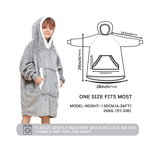 Xynhml Oversized Blanket Hoodie For Kids Flannel Sherpa Wearable Sweatshirt Blanket Snuggies Warm Plush Hooded Blanket With Huge Pocket And Elastic Sleeve Light Grey #TOP3