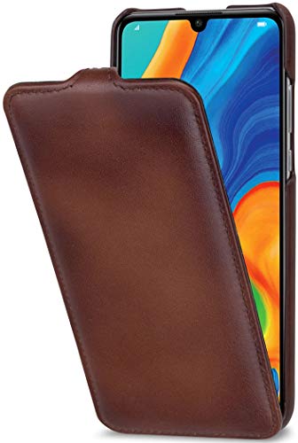 StilGut Slim Vertical Flip Case for Huawei P30 lite, Genuine Leather Huawei P30 lite Case, Cognac Brown