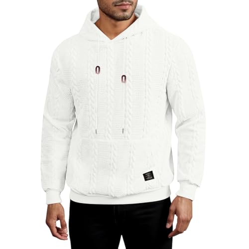 Men's Cable Knit Hoodies Fall Winter Fashion Drawstring Hooded Sweater Solid Front Pocket Basic Sweatshirts