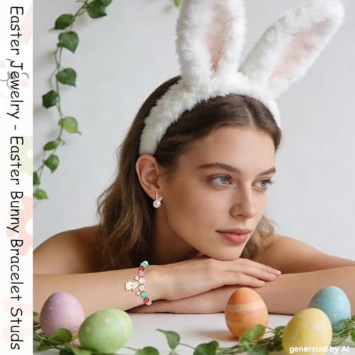 Easter Jewelry for Women Easter Bunny Stretch Bracelet with Card Rabbit Pearl Stud Earrings Cute Egg Basket Fillers Accessories Gifts - Image 2