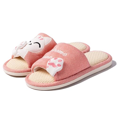 Cliont Women's Cute Cat Soft Indoor Slippers Open Toe Cotton Slip on Home Shoes House Couple Slippers