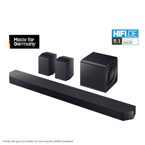 Samsung HW-Q995GF Q-Series 11.1.4-Kanal-Soundbar für Fernseher, Kabelloser 8\-Dual-Subwoofer, 4.0.2-Kanal-Rücklautsprecher, Kabelloses Dolby Atmos und DTS:X, SpaceFit Sound Pro, Q-Symphony