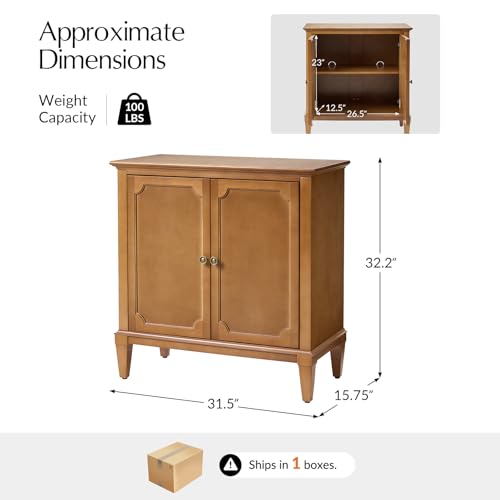 Image of Accent Storage Cabinet with Adjustable Shelf, 2-Doors Transitional Sideboard Buffet with Solid Wood Legs & Vintage Metal Knobs for Living Room or Kitchen, Hallway, Teak